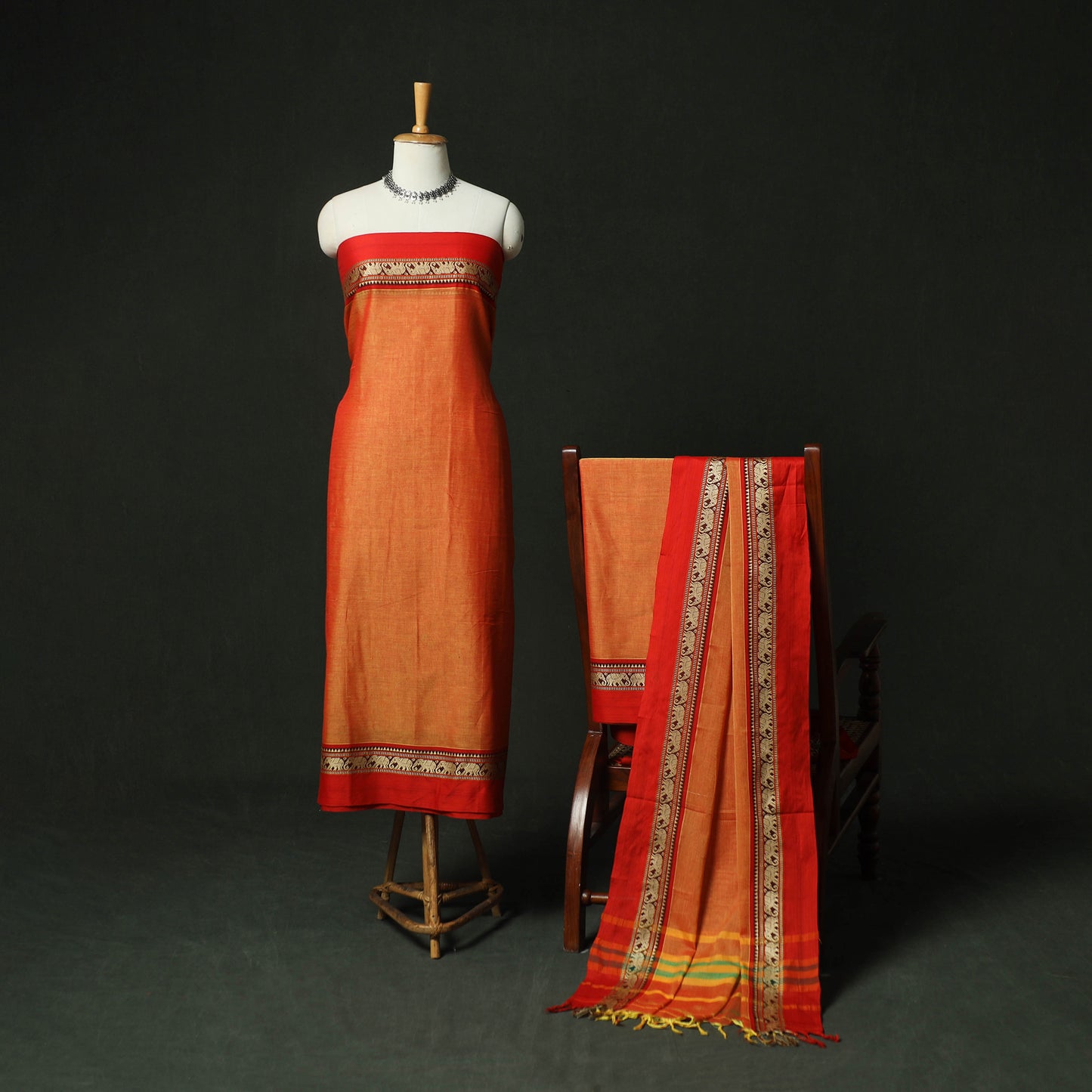 Orange - Dharwad Woven Cotton 3pc Unstitched Dress Material Suit Set 32