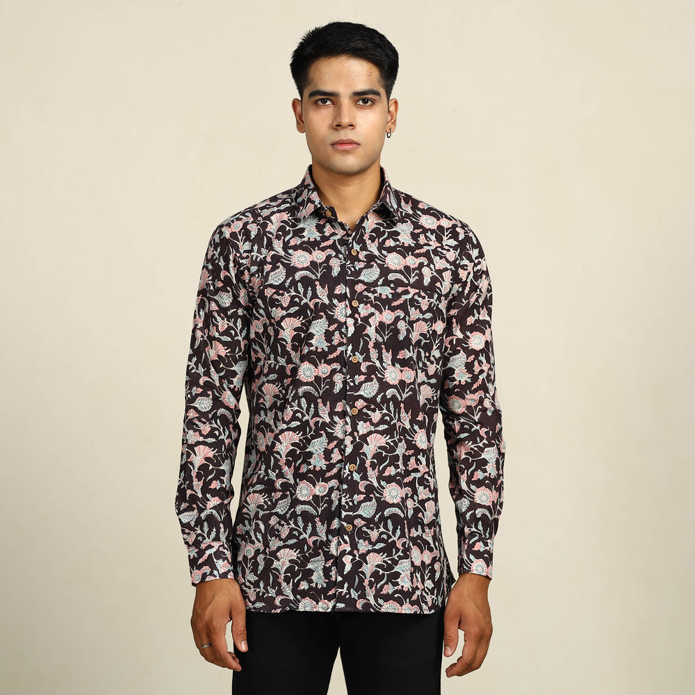 Black - Sanganeri Block Printed Cotton Men Full Sleeve Shirt 05