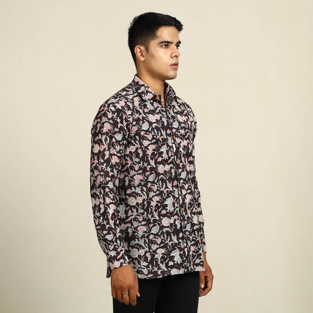 Black - Sanganeri Block Printed Cotton Men Full Sleeve Shirt 05