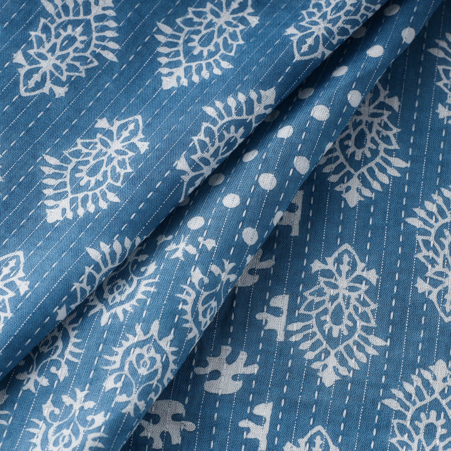 Blue - Kantha Stitch Cotton Sanganeri Print Fabric 05