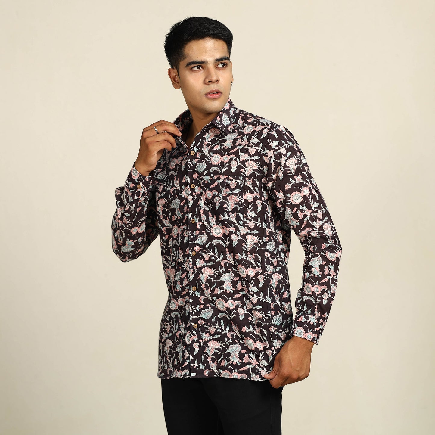 Black - Sanganeri Block Printed Cotton Men Full Sleeve Shirt 05