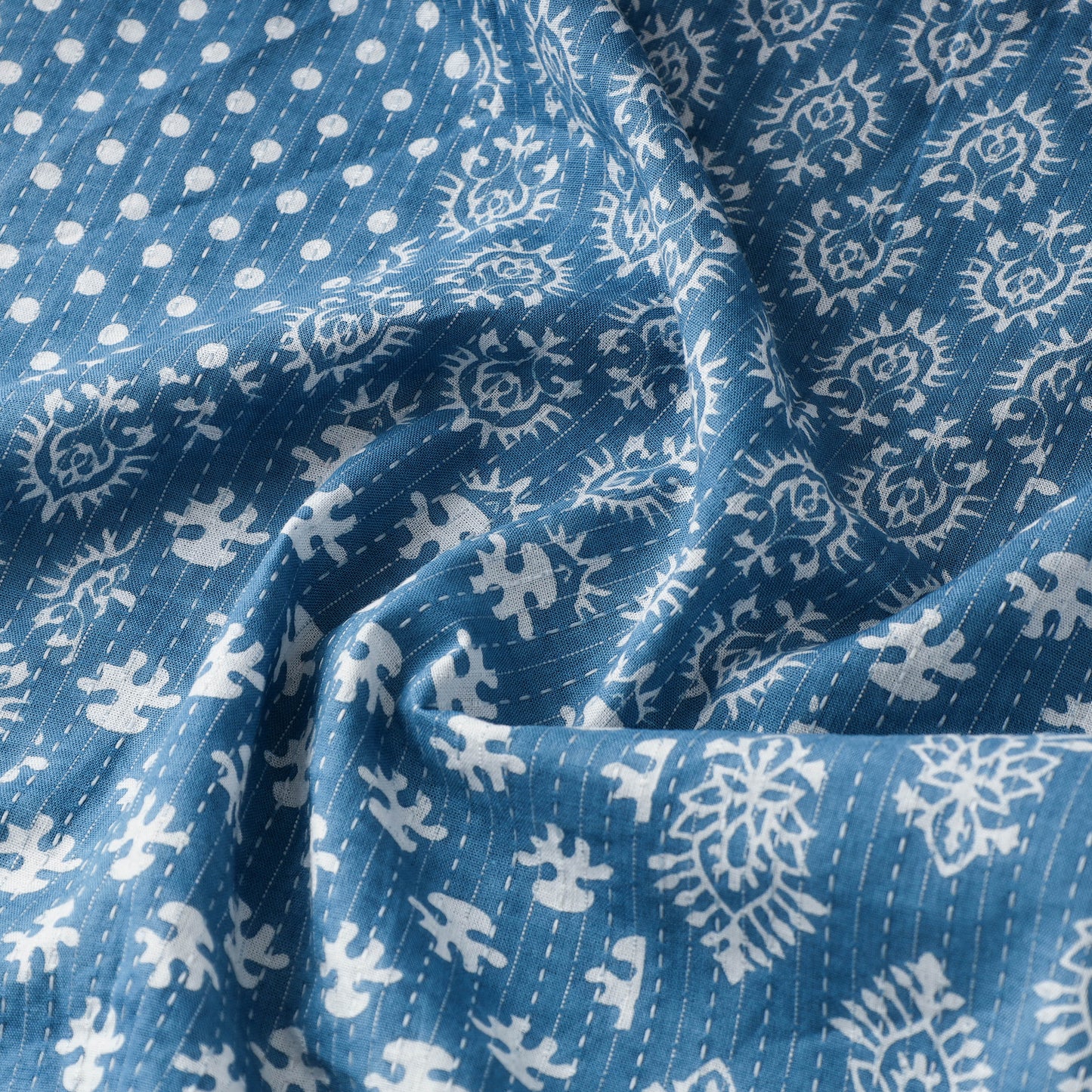 Blue - Kantha Stitch Cotton Sanganeri Print Fabric 05