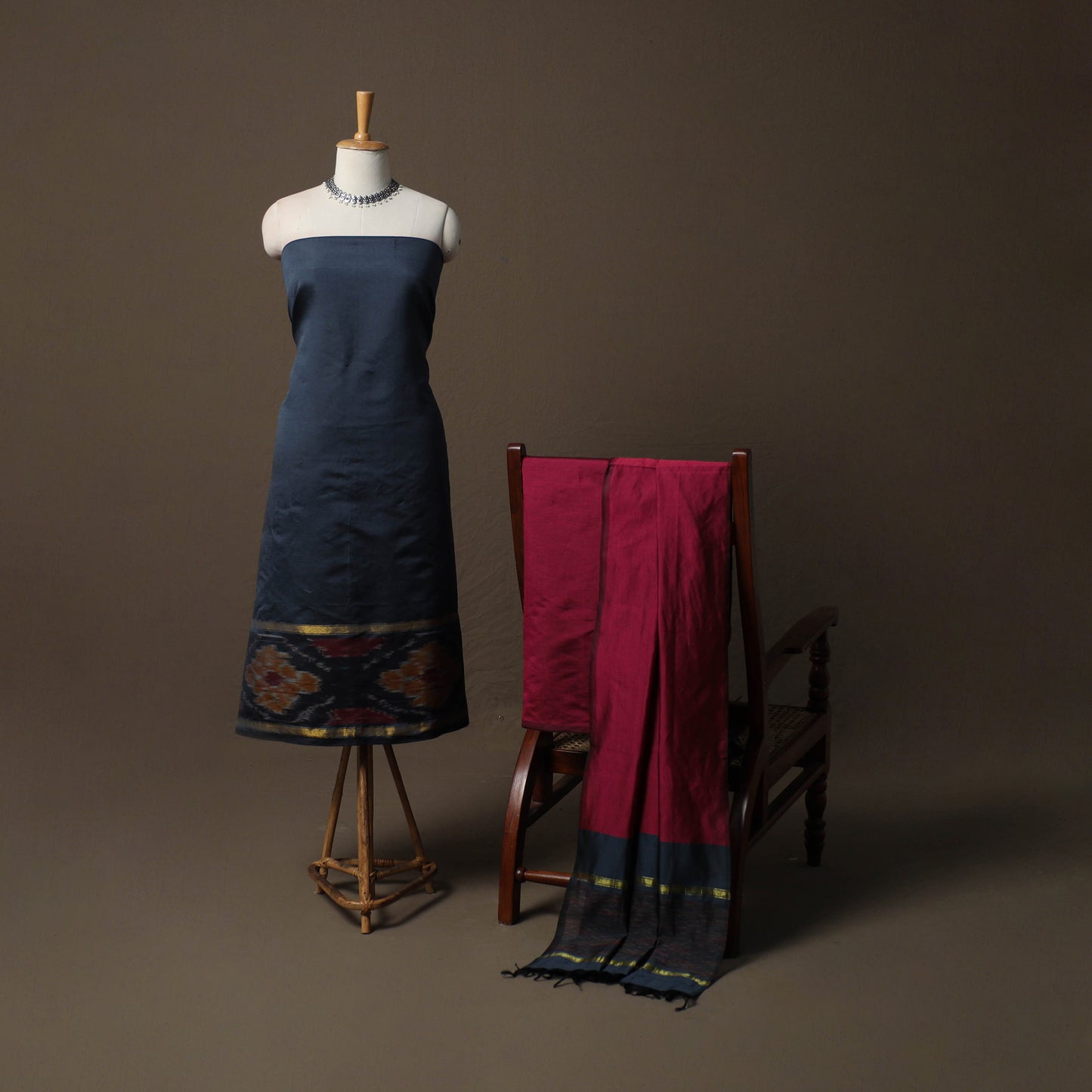 Pochampally Ikat Silk Cotton 3pc Unstitched Dress Material Suit Set 02