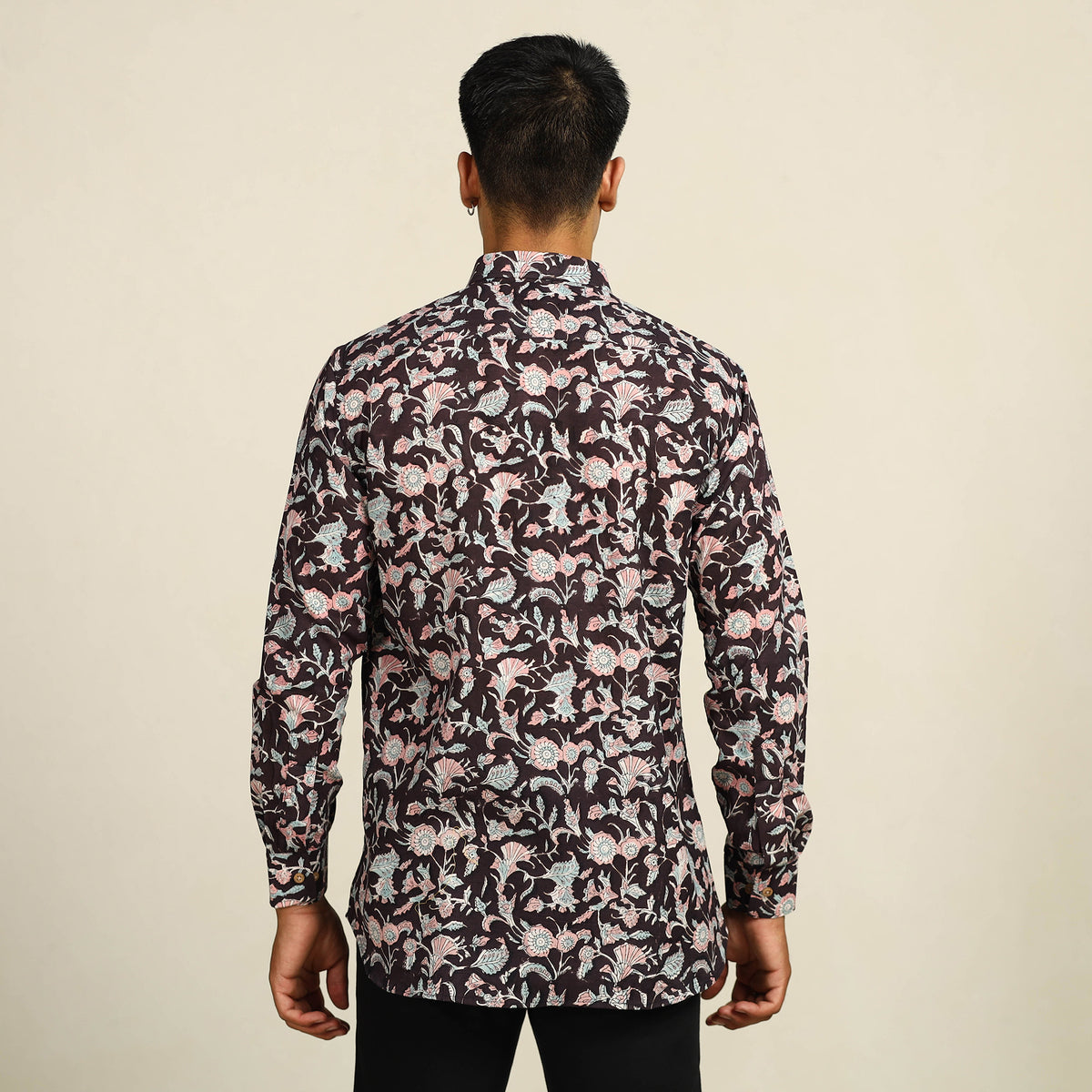 Black - Sanganeri Block Printed Cotton Men Full Sleeve Shirt 05