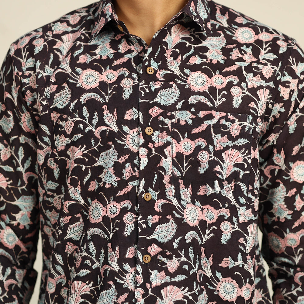 Black - Sanganeri Block Printed Cotton Men Full Sleeve Shirt 05