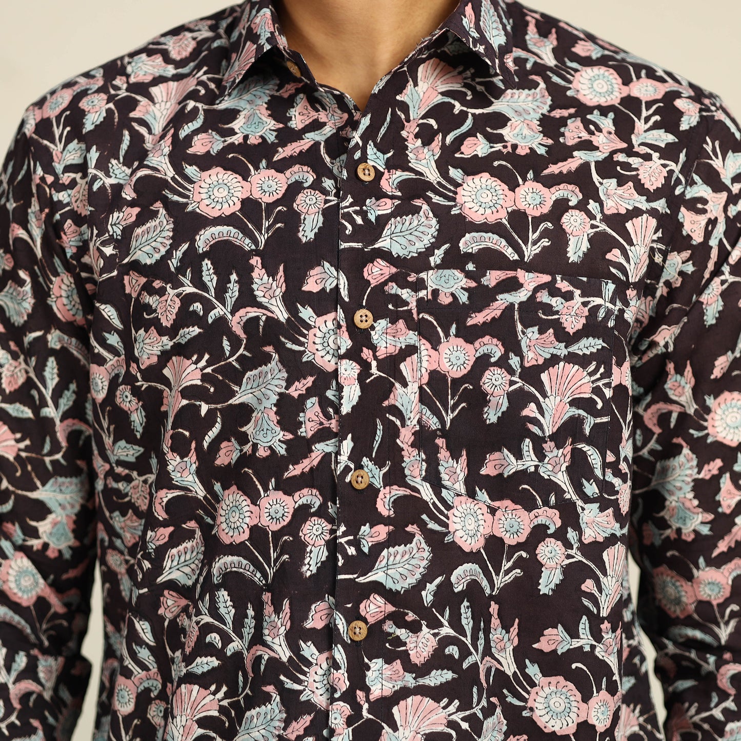 Black - Sanganeri Block Printed Cotton Men Full Sleeve Shirt 05