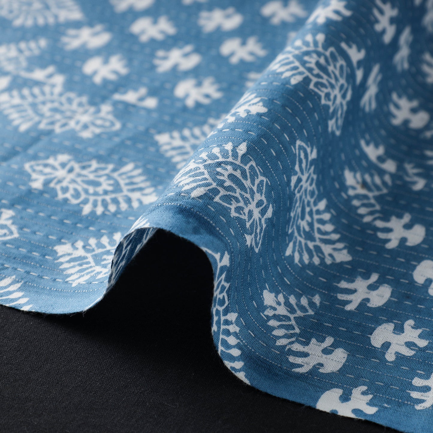 Blue - Kantha Stitch Cotton Sanganeri Print Fabric 05