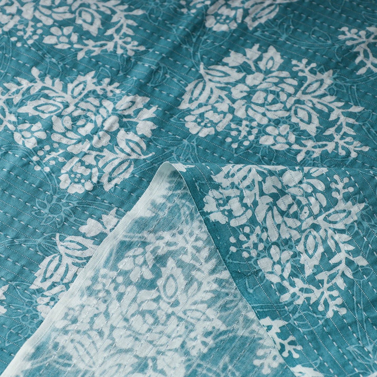 Green - Kantha Stitch Cotton Sanganeri Print Fabric 06