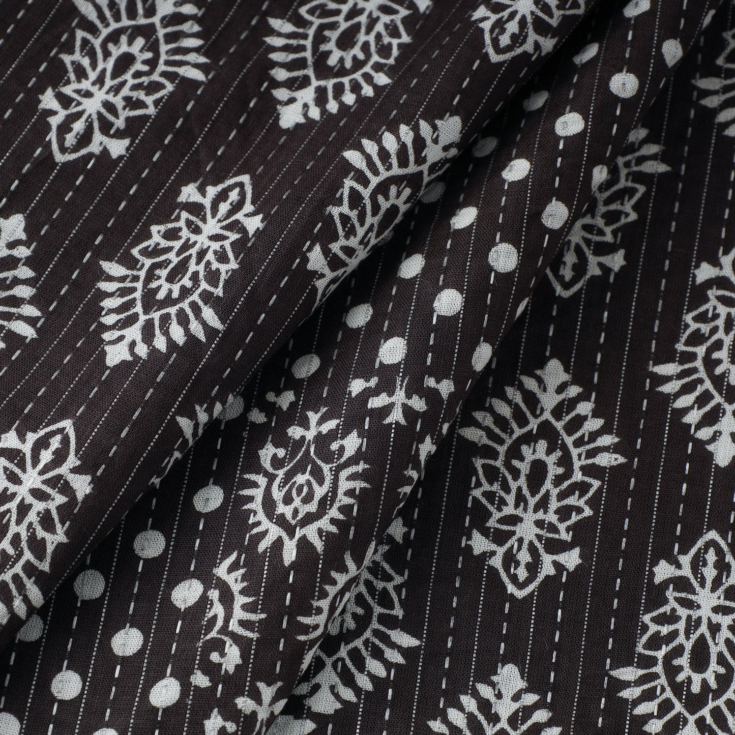 Black - Kantha Stitch Cotton Sanganeri Print Fabric 07