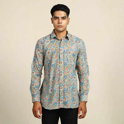 Blue - Sanganeri Block Printed Cotton Men Full Sleeve Shirt 07