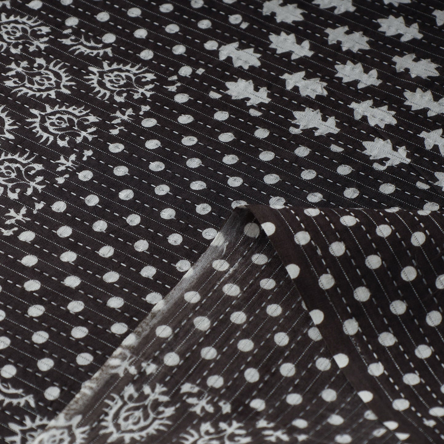 Black - Kantha Stitch Cotton Sanganeri Print Fabric 07