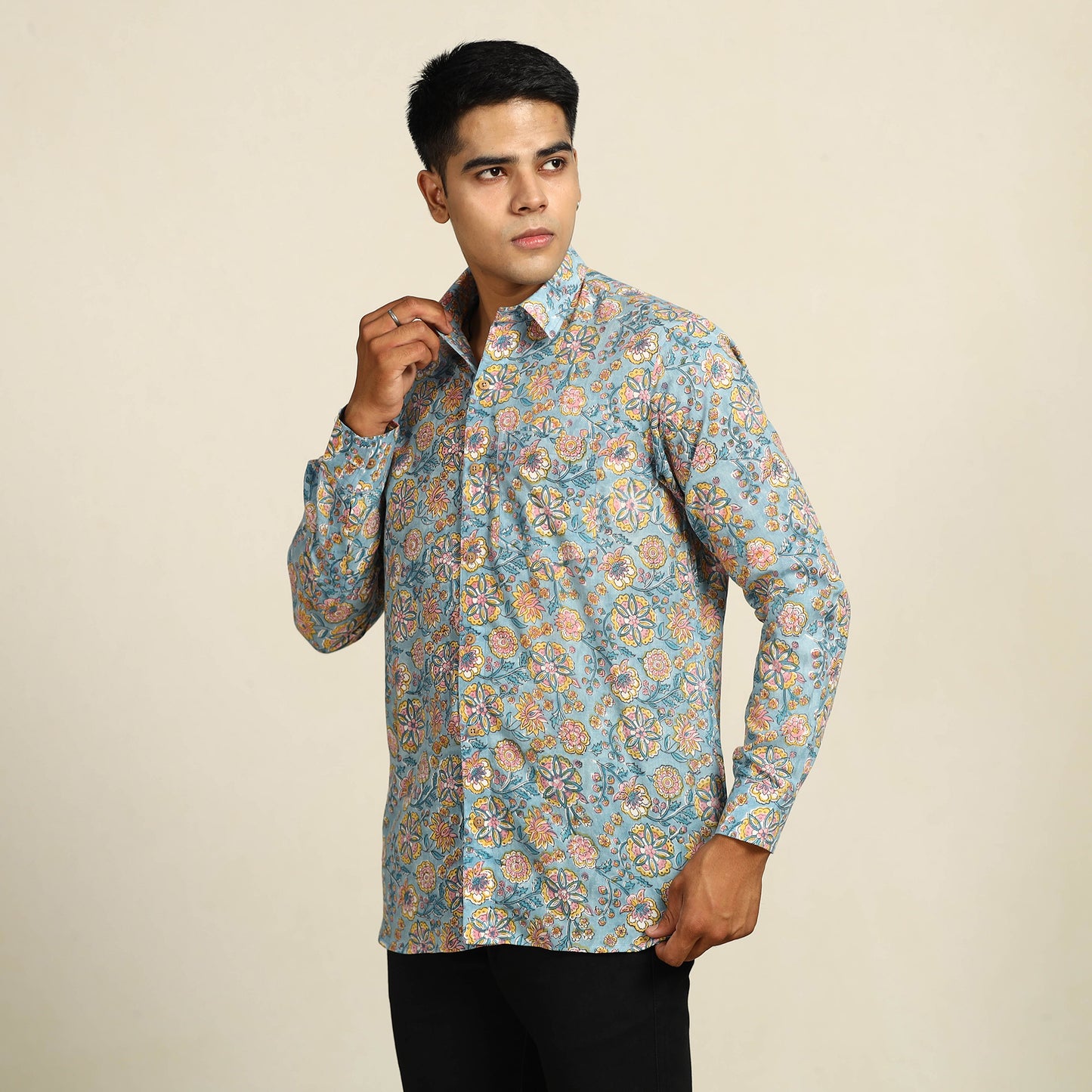 Blue - Sanganeri Block Printed Cotton Men Full Sleeve Shirt 07