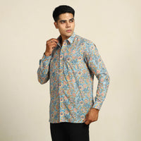 Blue - Sanganeri Block Printed Cotton Men Full Sleeve Shirt 07