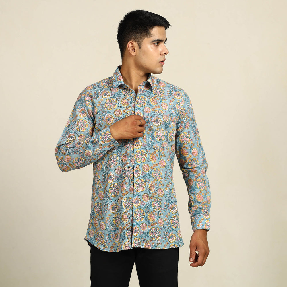 Blue - Sanganeri Block Printed Cotton Men Full Sleeve Shirt 07