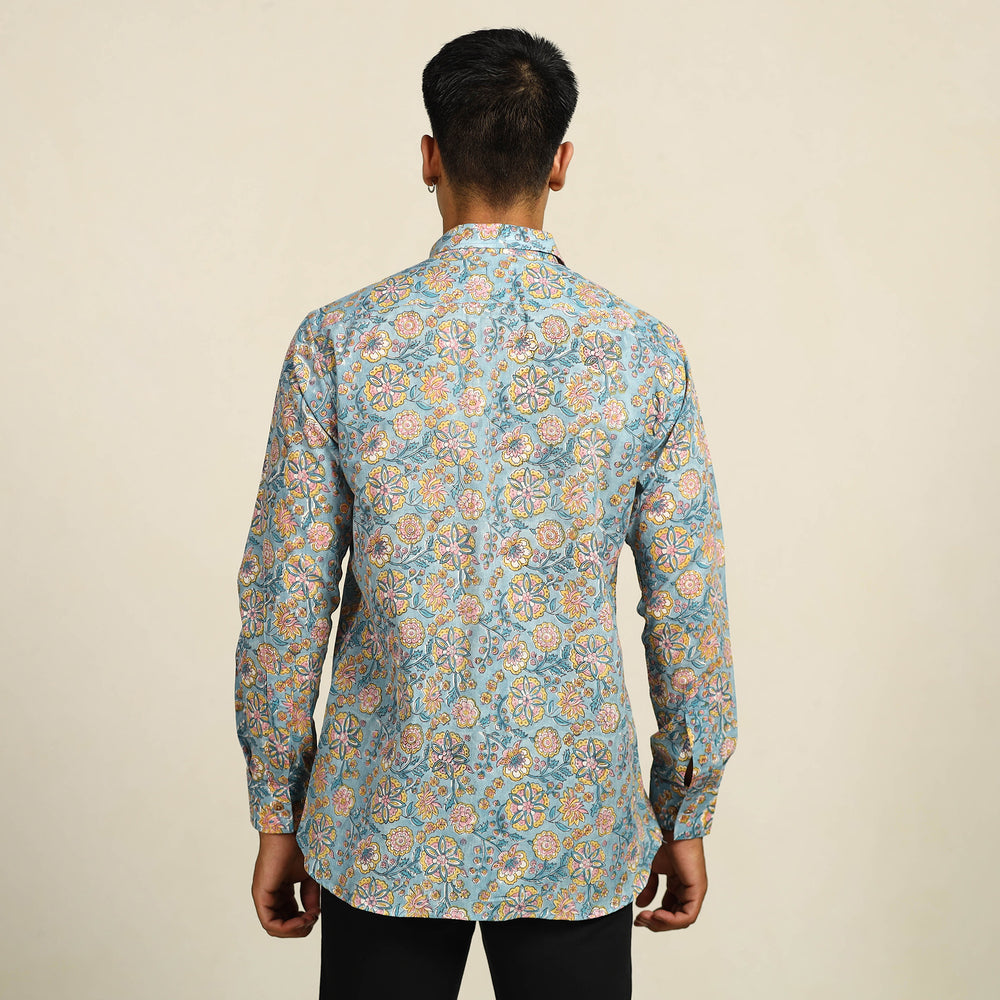 Blue - Sanganeri Block Printed Cotton Men Full Sleeve Shirt 07