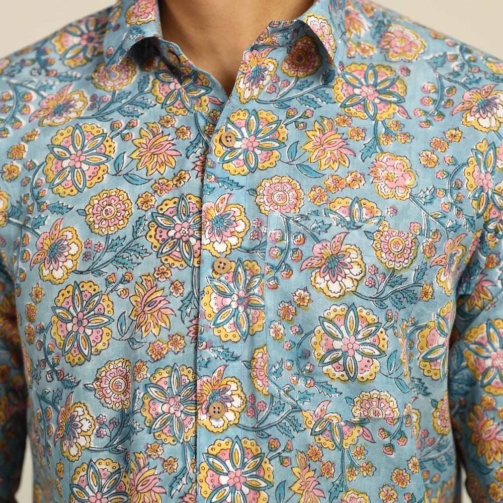 Blue - Sanganeri Block Printed Cotton Men Full Sleeve Shirt 07