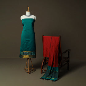 Green - Pochampally Ikat Silk Cotton 3pc Unstitched Dress Material Suit Set 40