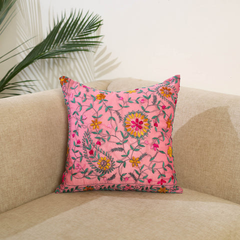 Pink Hand Embroidered Cushion Cover in Chanderi Silk