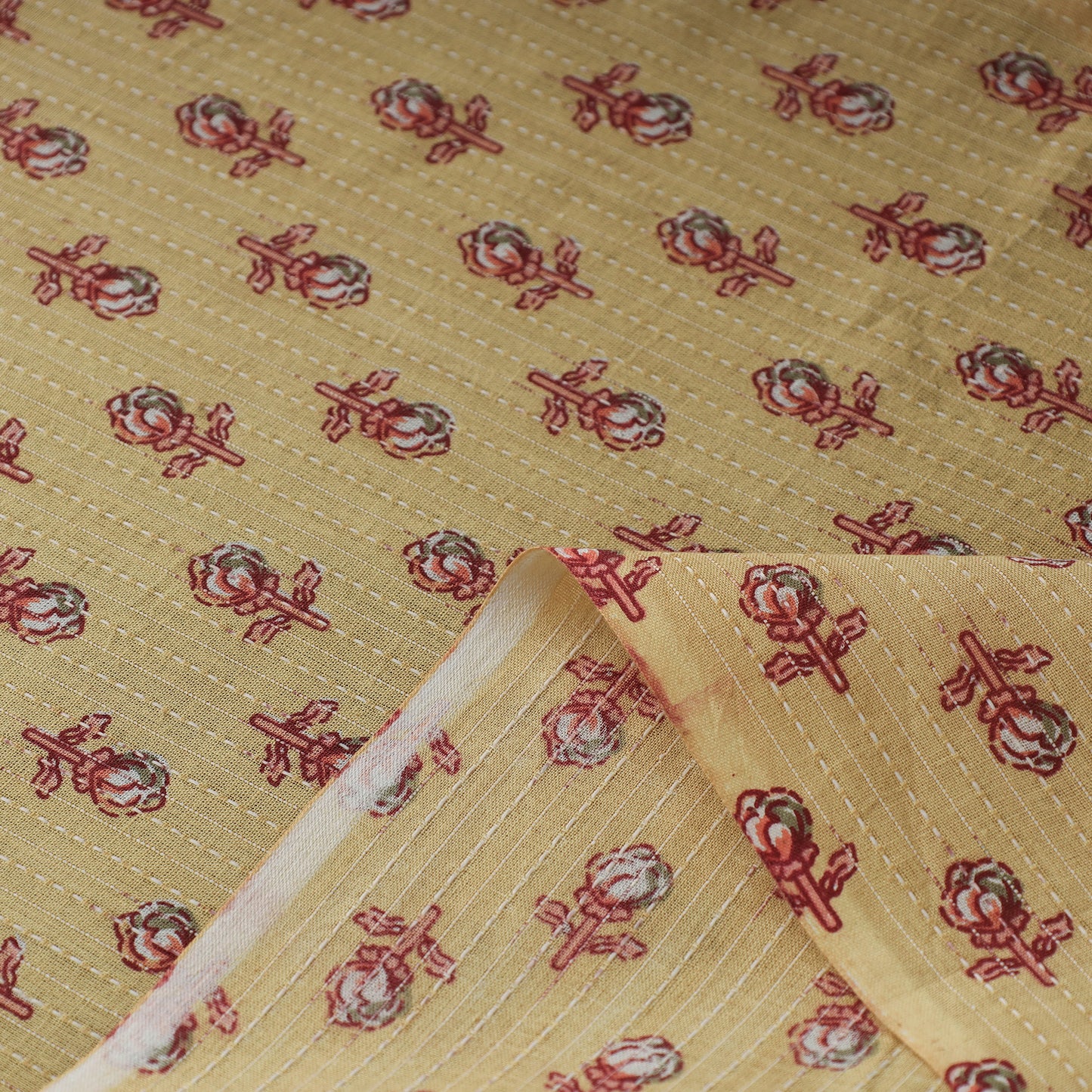 Yellow - Kantha Stitch Cotton Sanganeri Print Fabric 08