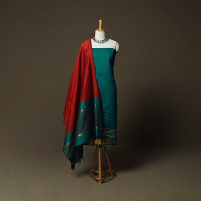 Green - Pochampally Ikat Silk Cotton 3pc Unstitched Dress Material Suit Set 40