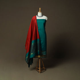 Green - Pochampally Ikat Silk Cotton 3pc Unstitched Dress Material Suit Set 40
