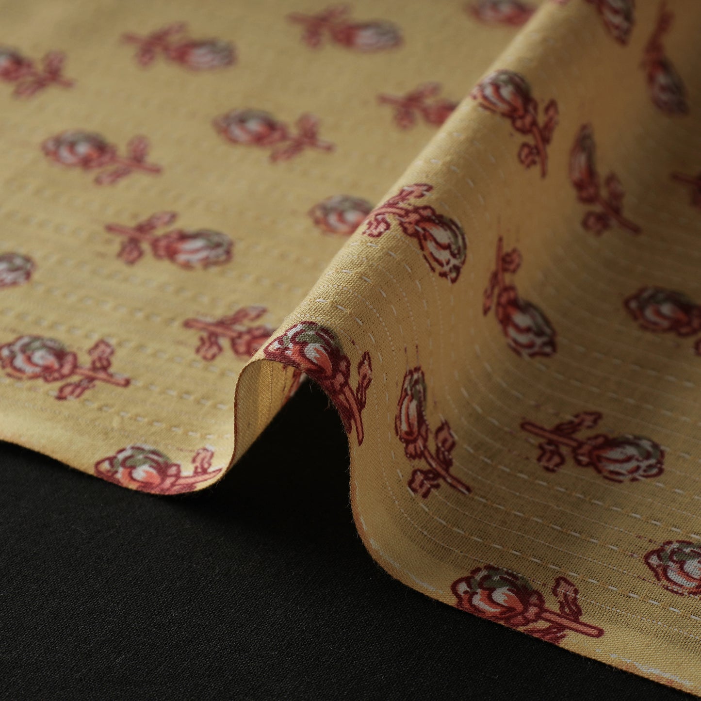 Yellow - Kantha Stitch Cotton Sanganeri Print Fabric 08