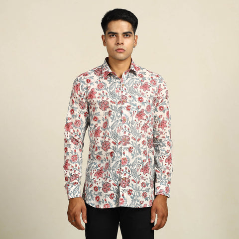 White - Sanganeri Block Printed Cotton Men Full Sleeve Shirt 08