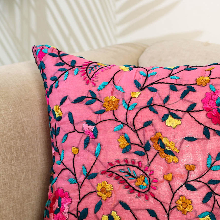 Pink Hand Embroidered Cushion Cover in Chanderi Silk