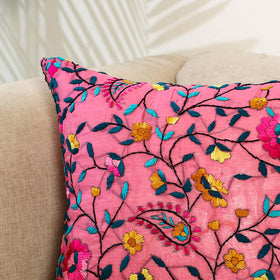 Pink Hand Embroidered Cushion Cover in Chanderi Silk