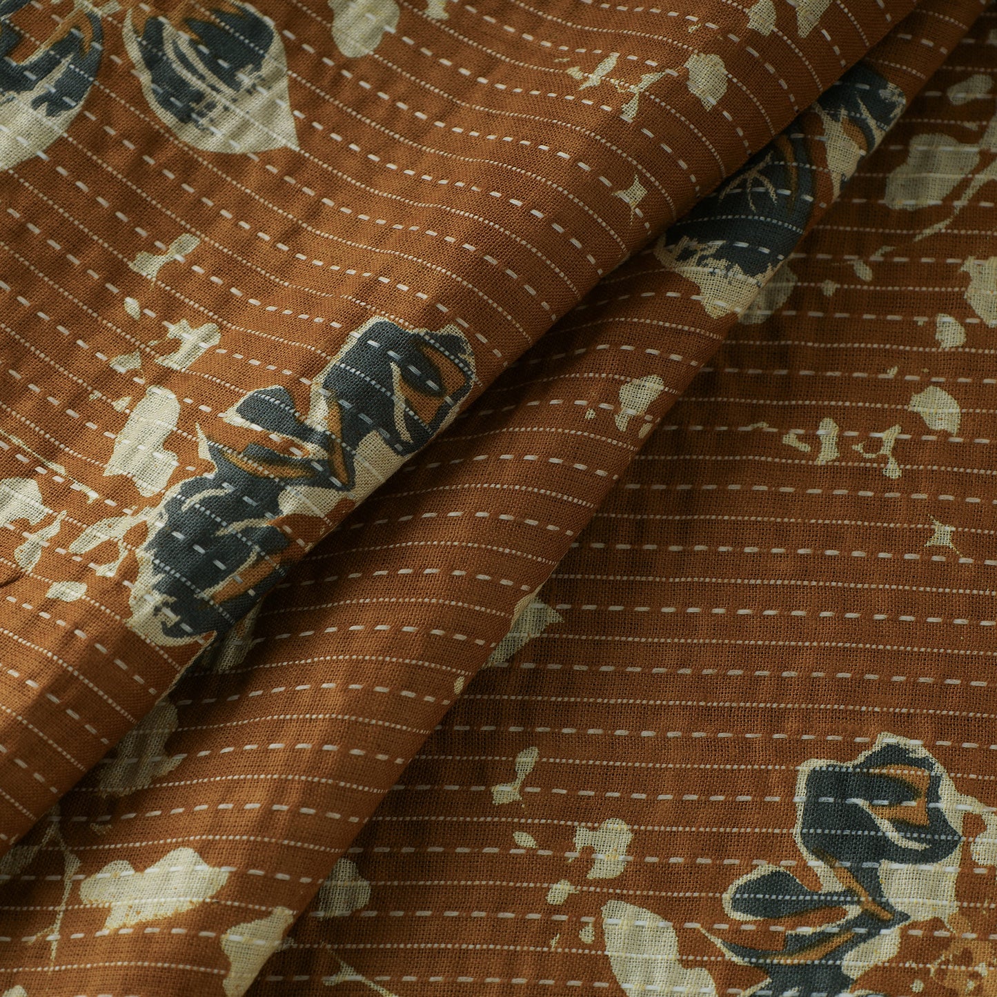 Brown - Kantha Stitch Cotton Sanganeri Print Fabric 11