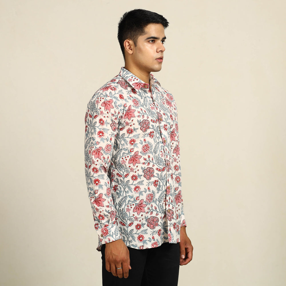 White - Sanganeri Block Printed Cotton Men Full Sleeve Shirt 08