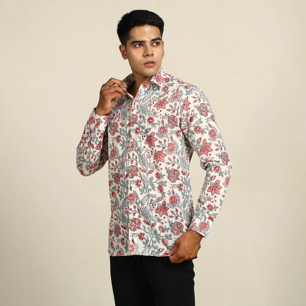 White - Sanganeri Block Printed Cotton Men Full Sleeve Shirt 08