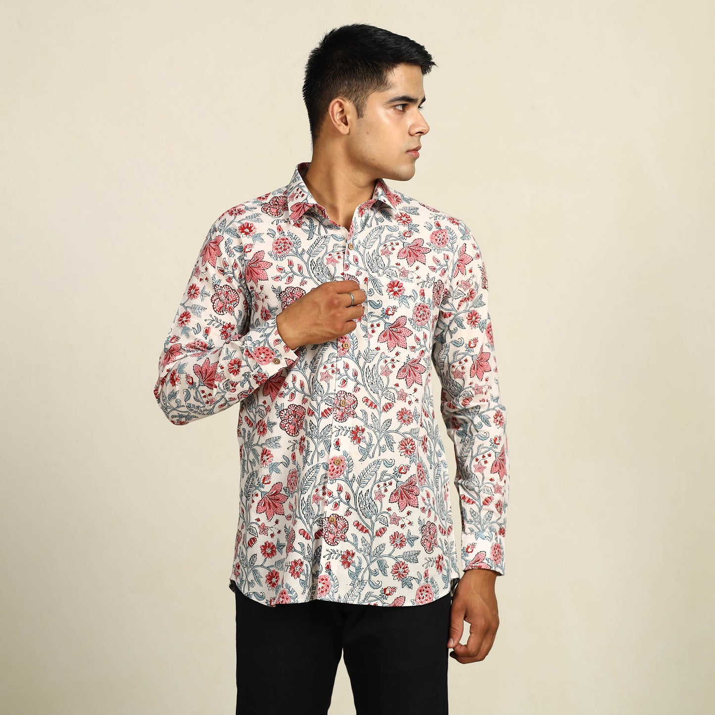 White - Sanganeri Block Printed Cotton Men Full Sleeve Shirt 08