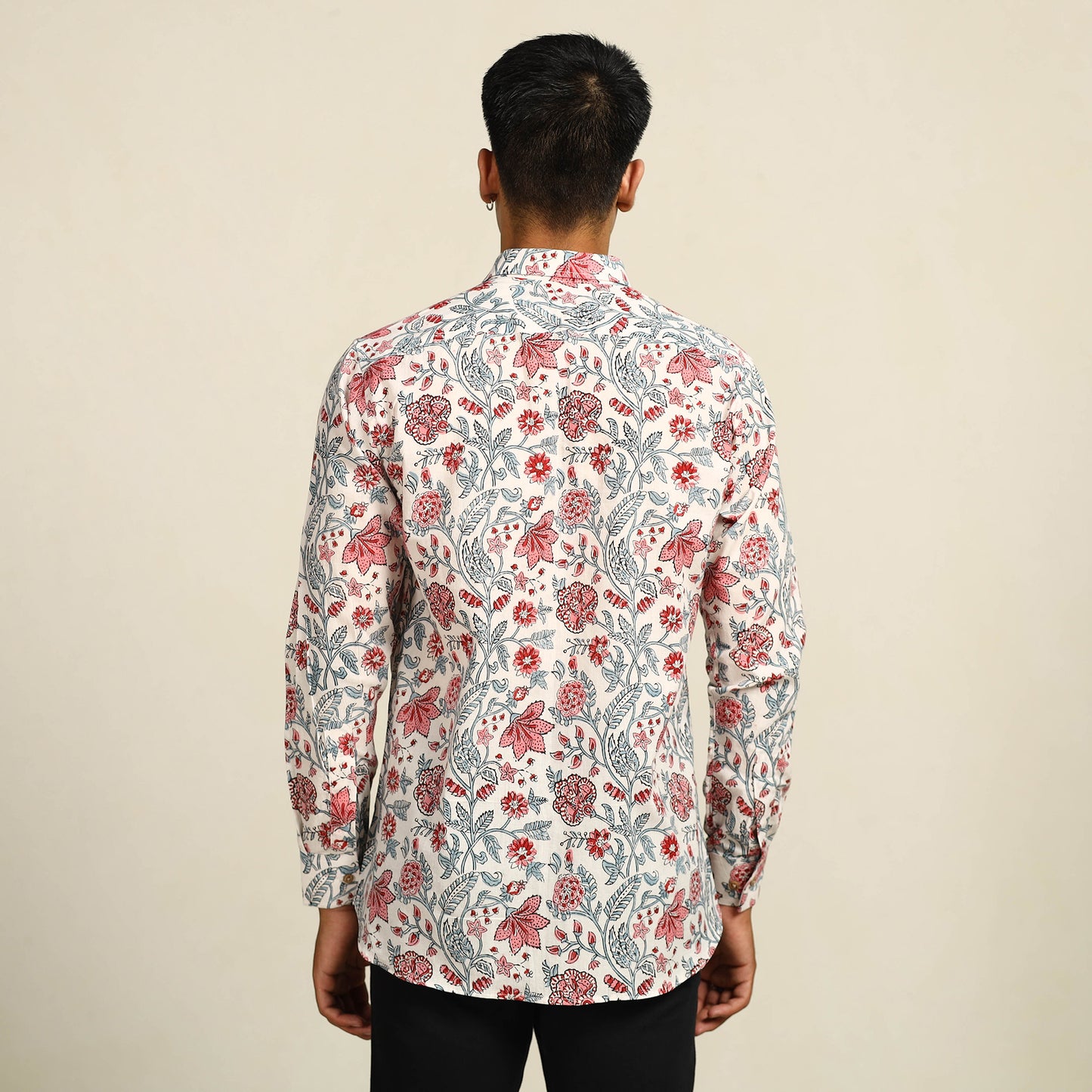 White - Sanganeri Block Printed Cotton Men Full Sleeve Shirt 08