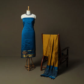Blue - Pochampally Ikat Silk Cotton 3pc Unstitched Dress Material Suit Set 42