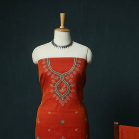 Red - Ilkal Kasuti Embroidery Cotton 3pc Unstitched Dress Material Suit Set 01
