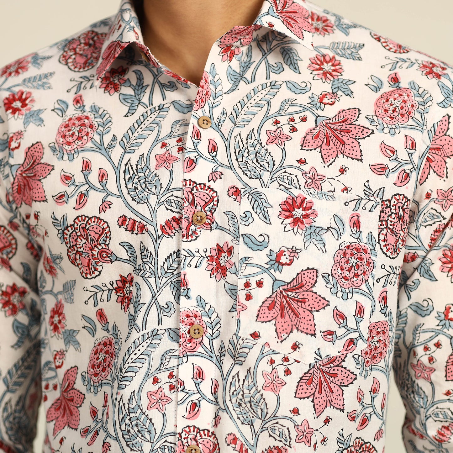 White - Sanganeri Block Printed Cotton Men Full Sleeve Shirt 08