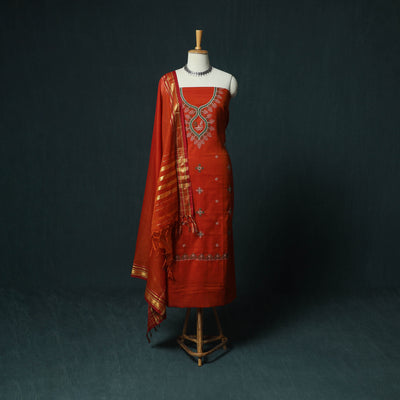 Red - Ilkal Kasuti Embroidery Cotton 3pc Unstitched Dress Material Suit Set 01