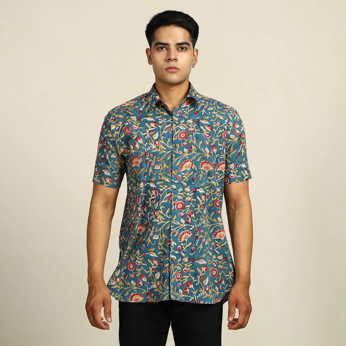 Blue - Sanganeri Block Printed Cotton Men Half Sleeve Shirt 11