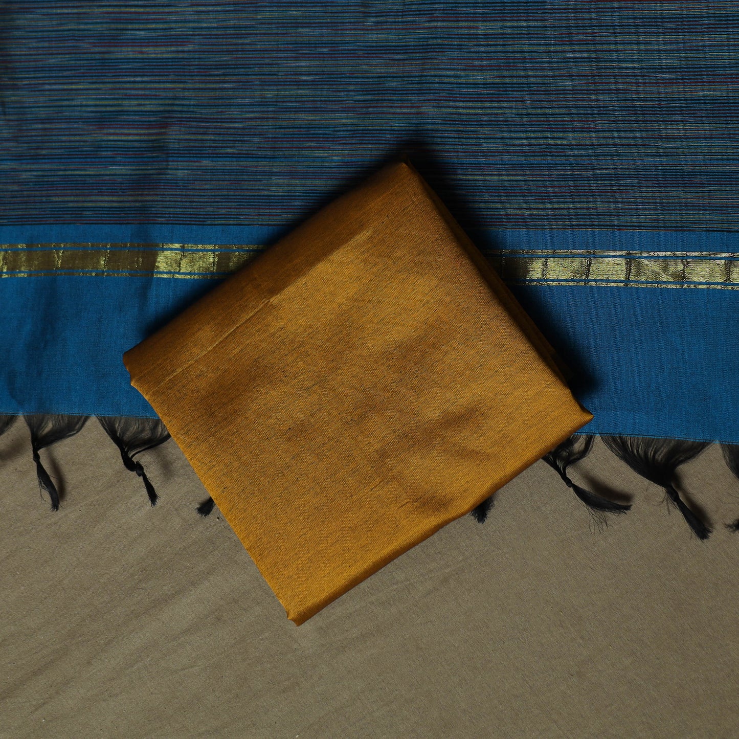 Blue - Pochampally Ikat Silk Cotton 3pc Unstitched Dress Material Suit Set 42