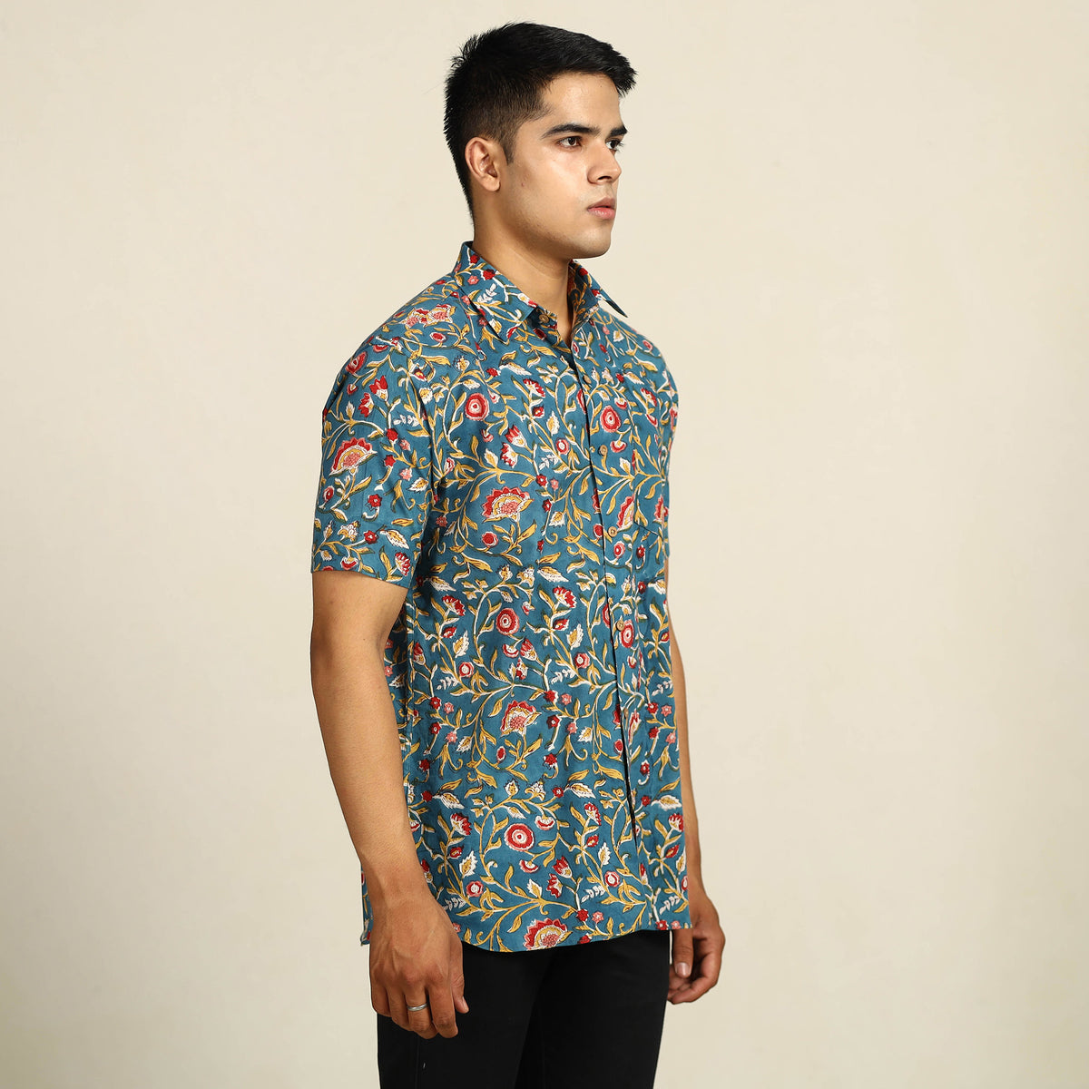 Blue - Sanganeri Block Printed Cotton Men Half Sleeve Shirt 11