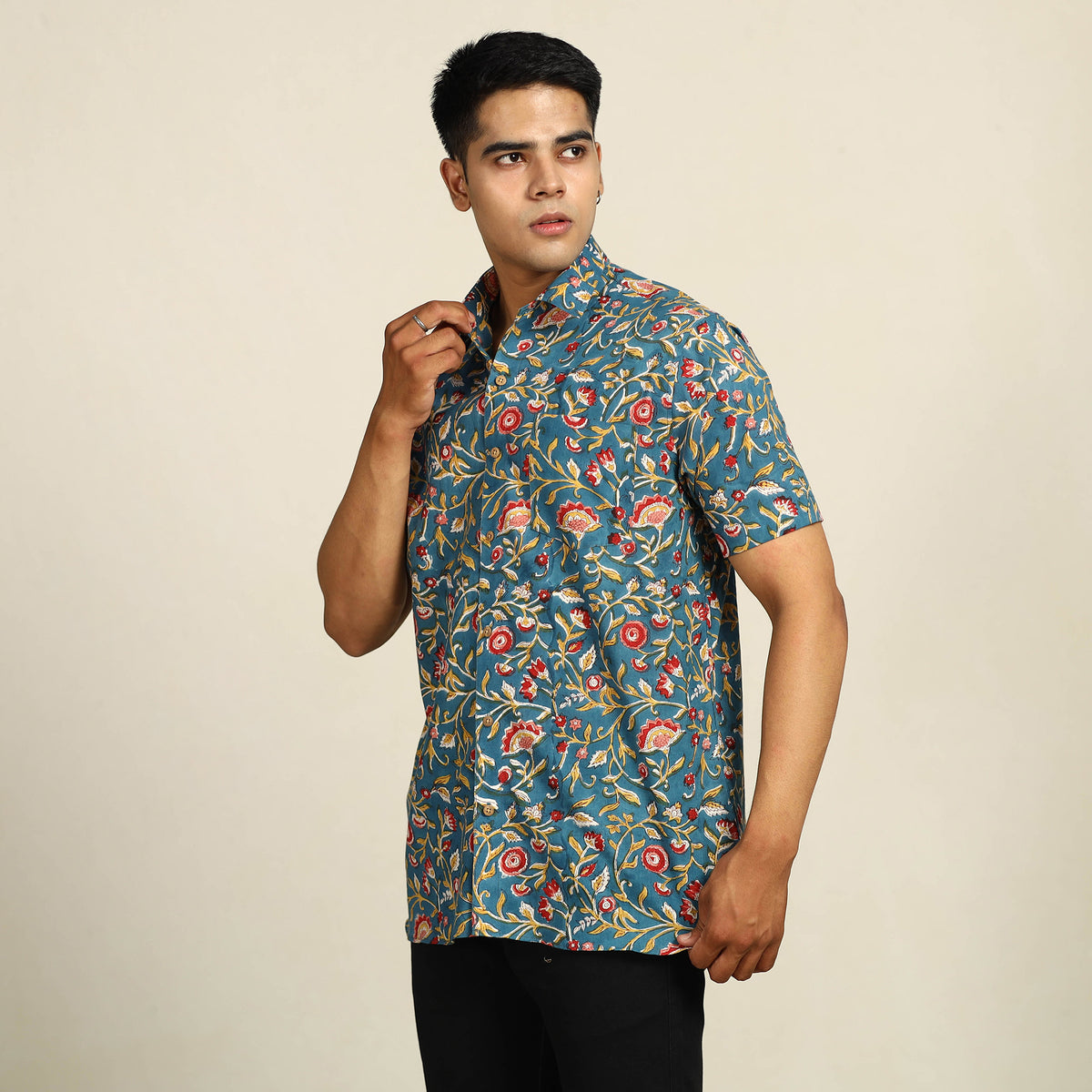 Blue - Sanganeri Block Printed Cotton Men Half Sleeve Shirt 11