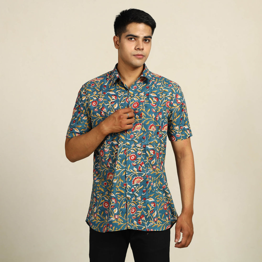 Blue - Sanganeri Block Printed Cotton Men Half Sleeve Shirt 11