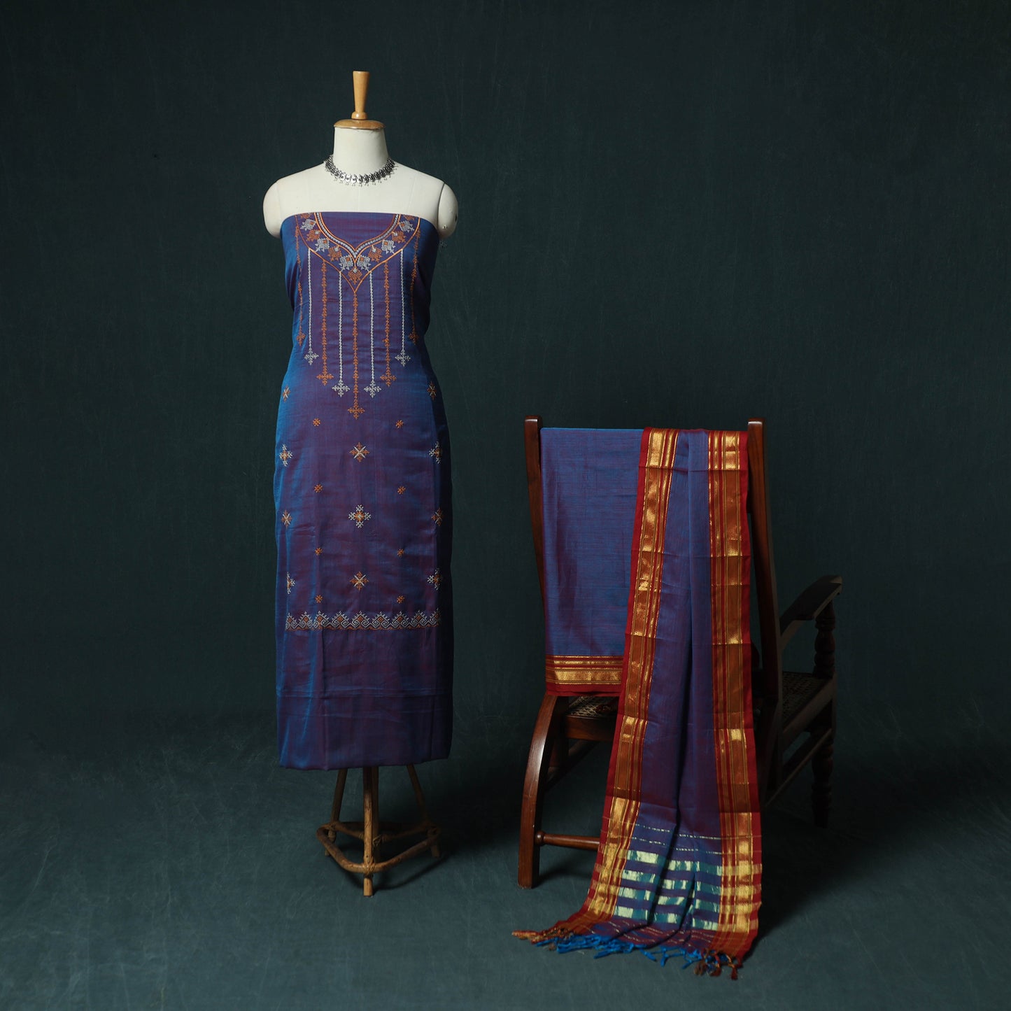 Purple - Ilkal Kasuti Embroidery Cotton 3pc Unstitched Dress Material Suit Set 02