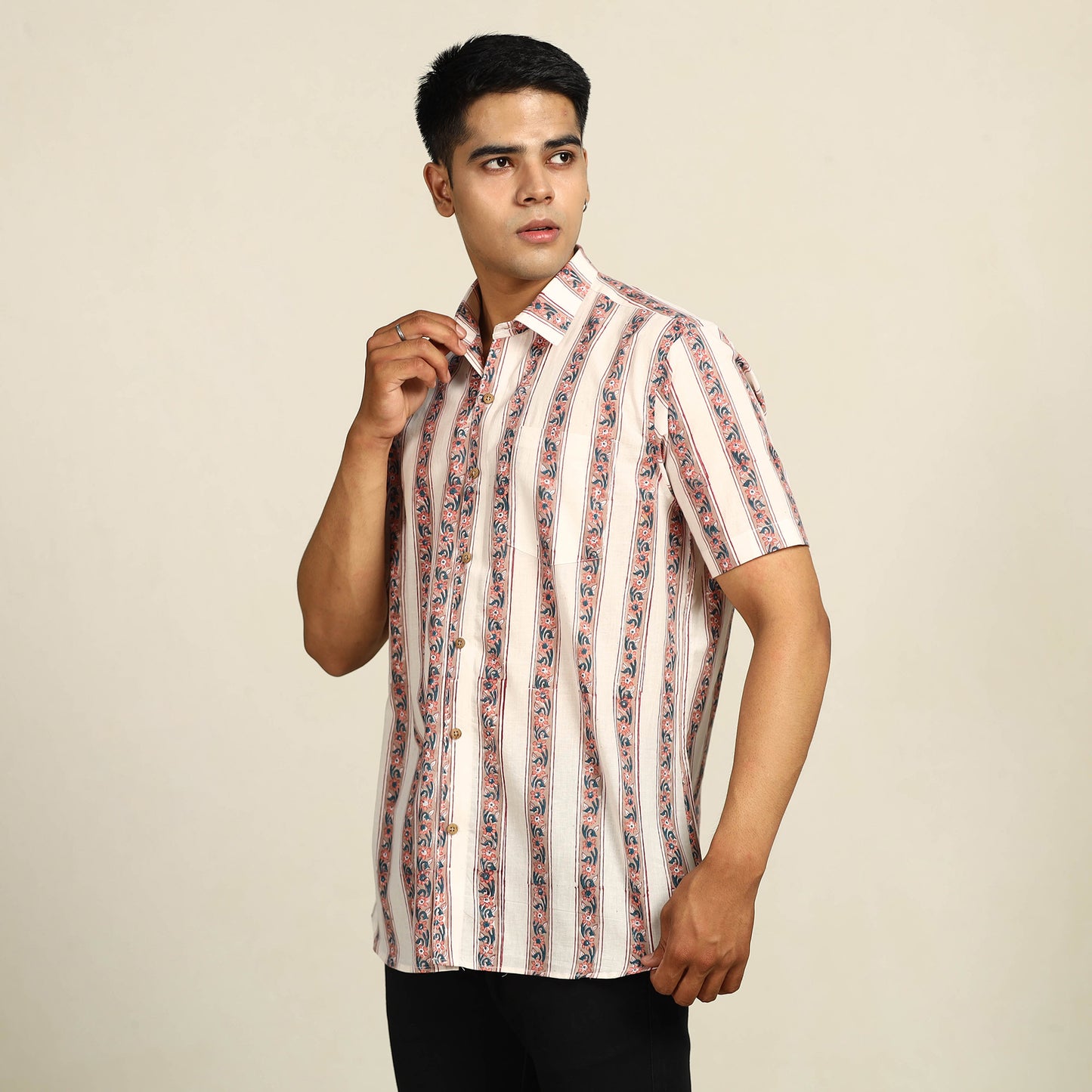 Multicolor - Sanganeri Block Printed Cotton Men Half Sleeve Shirt 12