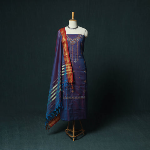 Purple - Ilkal Kasuti Embroidery Cotton 3pc Unstitched Dress Material Suit Set 02