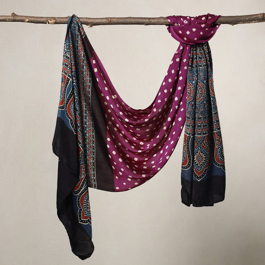 Purple - Kutch Bandhani Tie-Dye Ajrakh Block Printed Modal Silk Stole