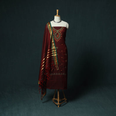 Maroon - Ilkal Kasuti Embroidery Cotton 3pc Unstitched Dress Material Suit Set 03