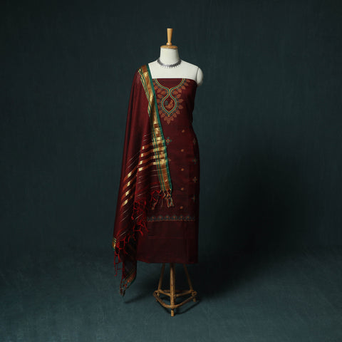 Maroon - Ilkal Kasuti Embroidery Cotton 3pc Unstitched Dress Material Suit Set 03