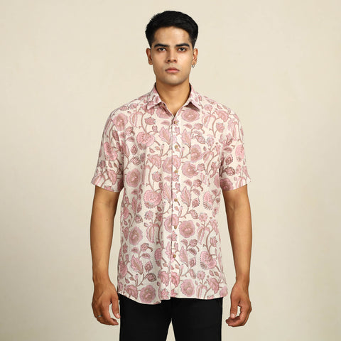 Pink - Sanganeri Block Printed Cotton Men Half Sleeve Shirt 13